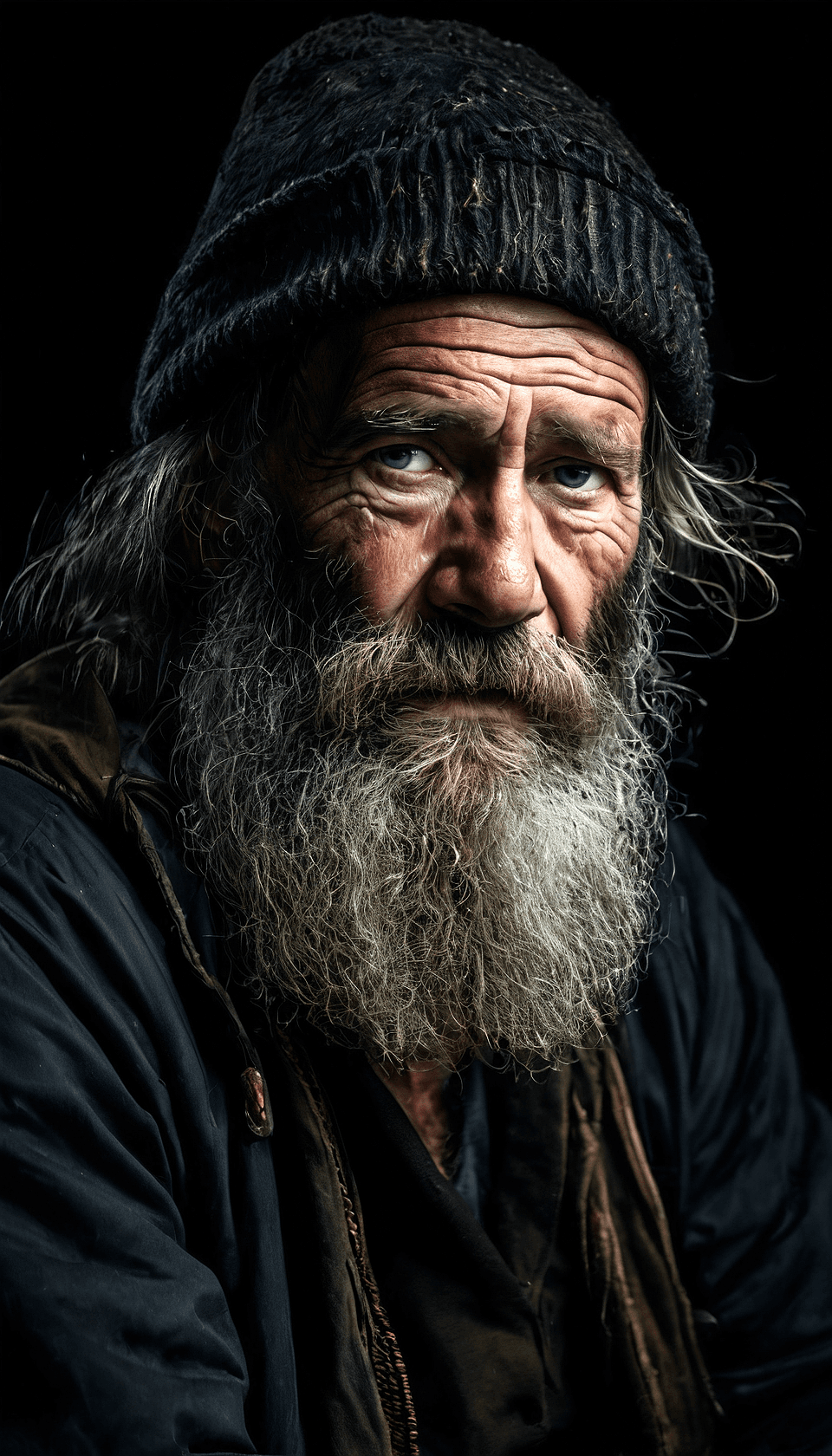 AI generated: An image of a very tired old man, fisherman, long beard, black background settings, highly details  ...