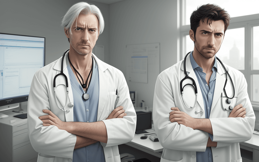 AI generated: Photo of an unhappy man in a white lab coat, with a stethoscope around his neck, arms folded across ...