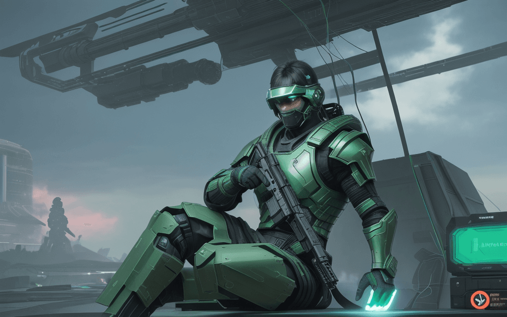 AI generated: brutal man warrior stands and holding a M41A Pulse Rifle in his hands, after the battle, sitting on ...