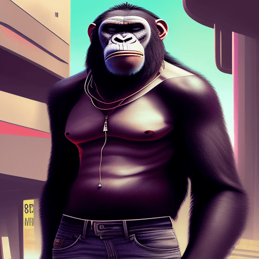 AI generated: king of apes, fashion casual ape, sneakers, sunglasses, jeans pants, futuristic background, full fig...