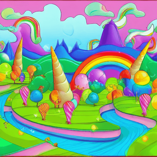 AI generated: Children's book illustration of a unicorn candy land.