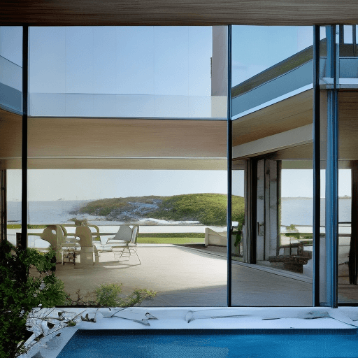 AI generated: Hyper realistic eye level exterior photo of a mid century modern style house overlooking the ocean, ...