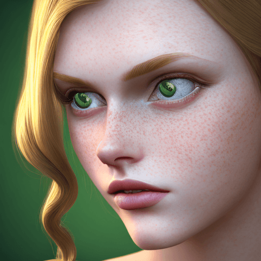 AI generated: young. beautiful lady, wearing a green dress, Pale Skin with freckles, , Almond-shaped Blue Eyes, Lo...