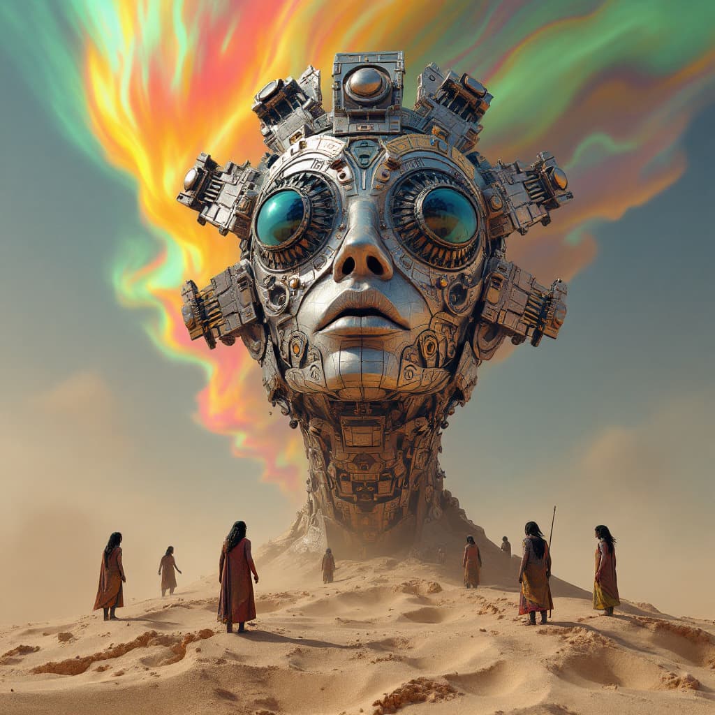 AI generated: Panopticon Hidden Horizons: Arctic Cyber Elves congregation around a dust and Tornado sand a 3D rend...