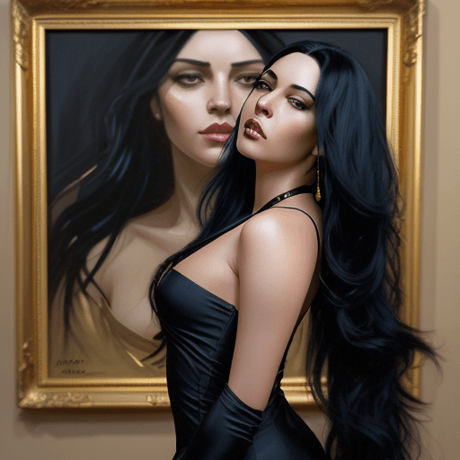 AI generated: a woman with long black hair in a gold painting, in the style of charlie bowater, dark blue and dark...