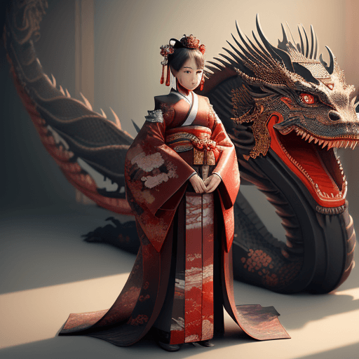 AI generated: masterpiece, mid shot, highly detailed, concept art, centered, (1girl:1.5), kimono, standing next to...