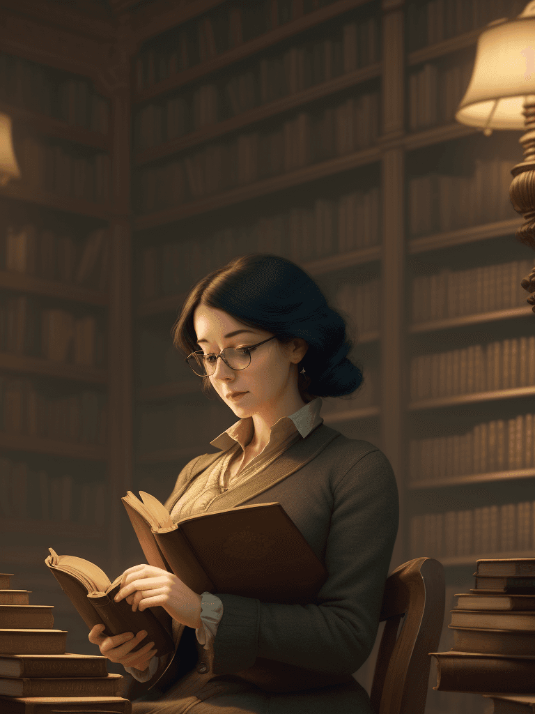 AI generated: woman engrossed in reading amidst a library filled with antique books. The joy of learning, captured...