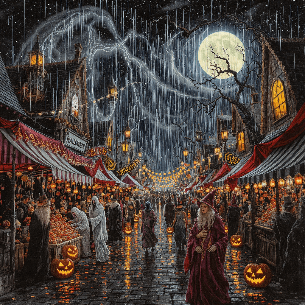 AI generated: Halloween, an elaborate depiction of a bustling haunted street fair at night, ghostly figures mingli...