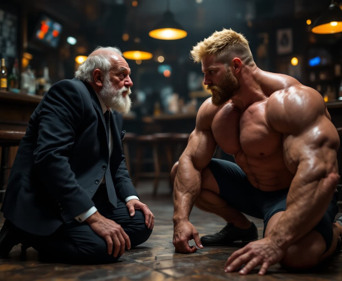 AI generated: high-resolution photo of a fat old man wearing suit and tie,
an extremely muscular, handsome young m...