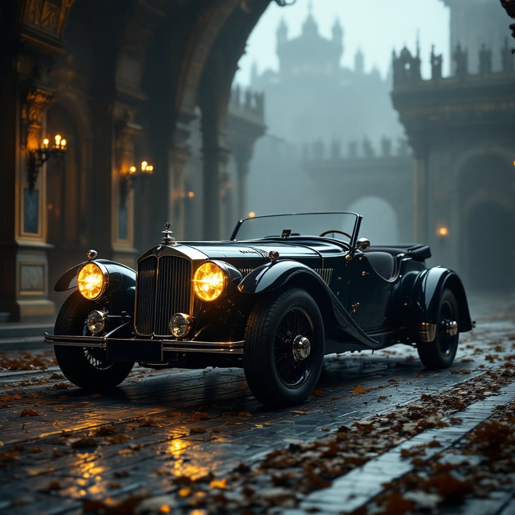 AI generated: General outline of a latest model Austin Martin convertible in steampunk style,  with glowing headli...