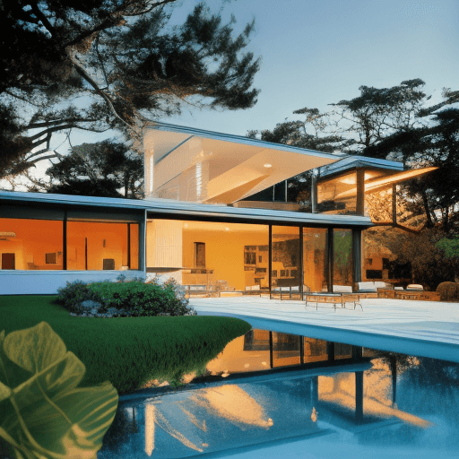 AI generated: Hyper realistic eye level exterior photo of a mid century modern style house overlooking the ocean, ...