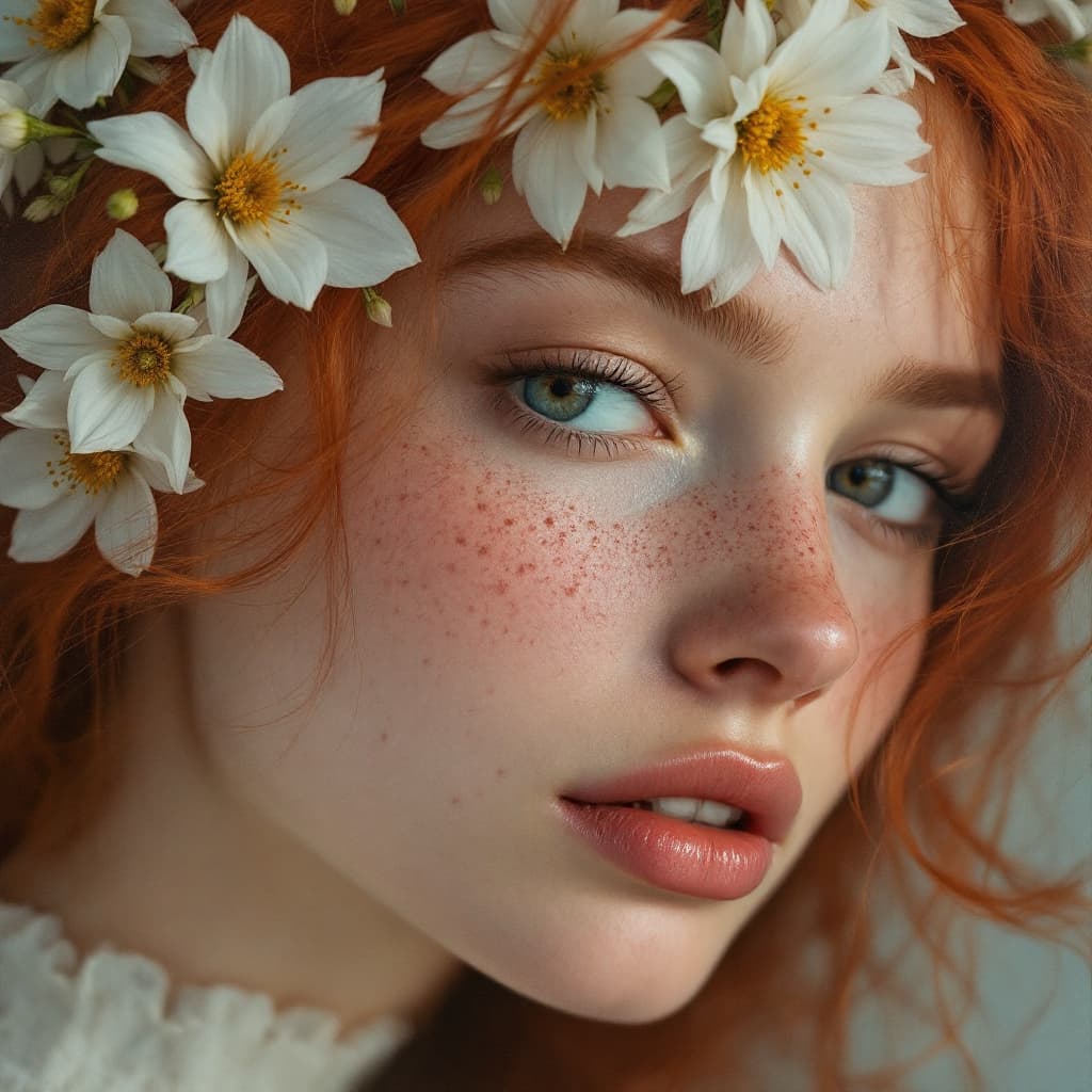 AI generated: Woman with freckles with white flowers surrounding her head, red hair, oil painting --v 6.1