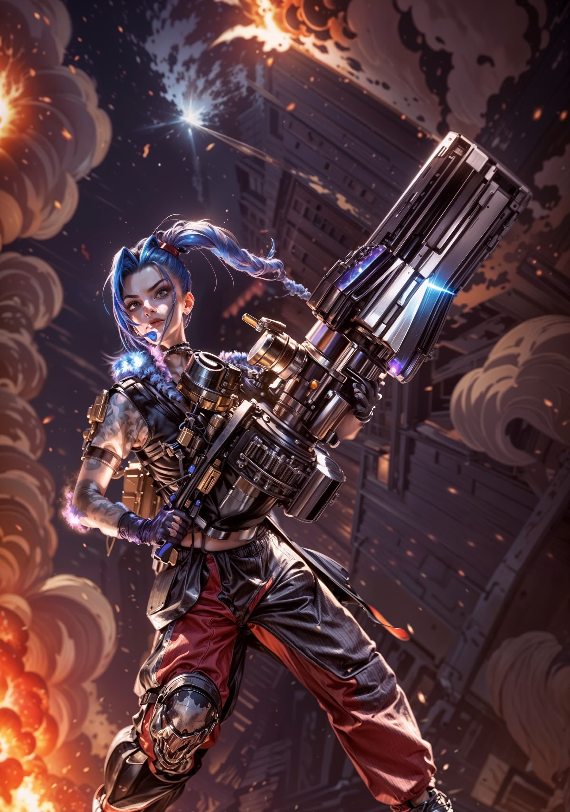 AI generated: Jinx, explosions behind her, fire, chaos, minigun, far view, a woman, fit, beautiful, slender, natur...