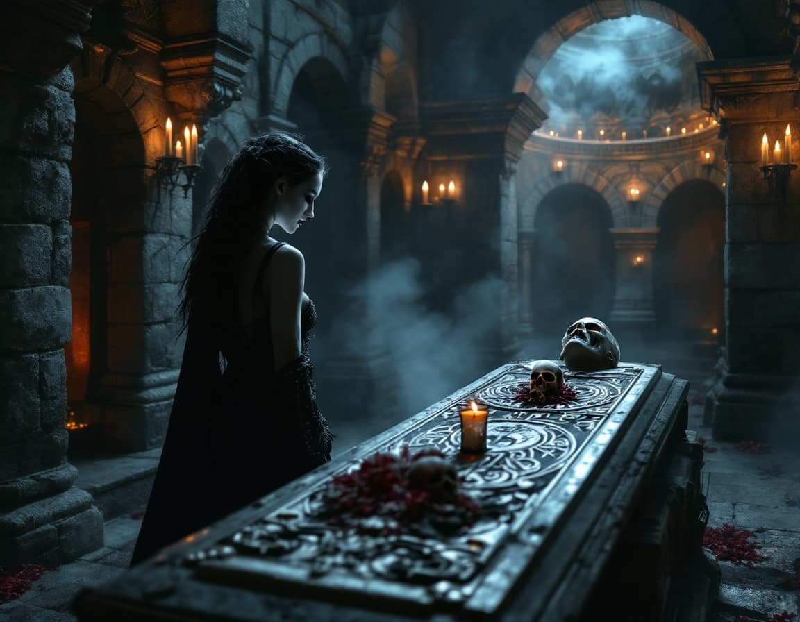 AI generated: a Pale female vampire with visible fangs, standing in an eerie cryptroom, gazing at a male counterpa...