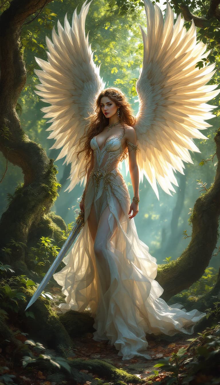 AI generated: woman with wings and a sword standing in the lush woods, wings majestically spread, gripping her swo...