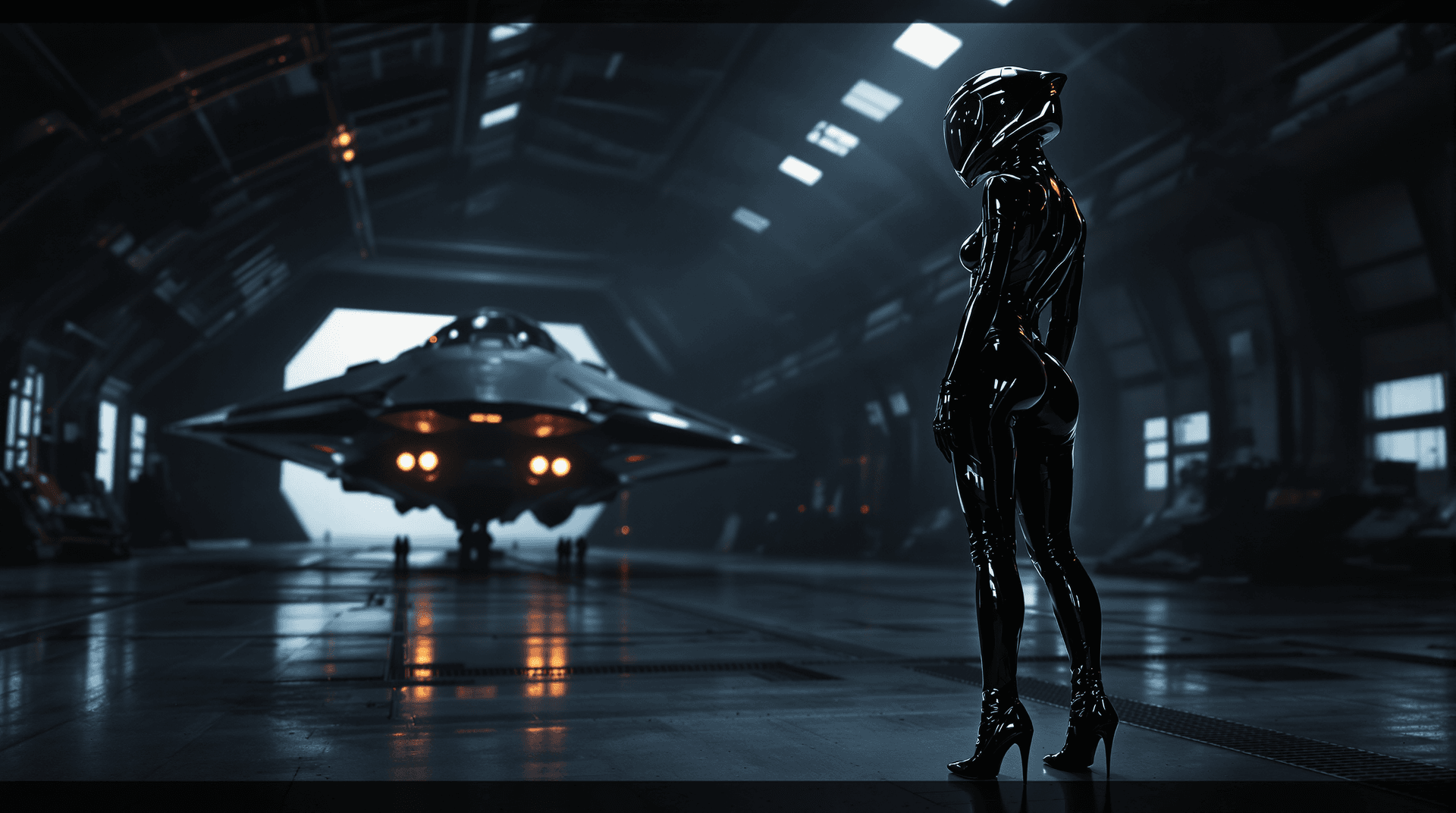 AI generated: A futuristic theam: She's standing in a dark hangar looking on a spaceship in the bacground, all dre...