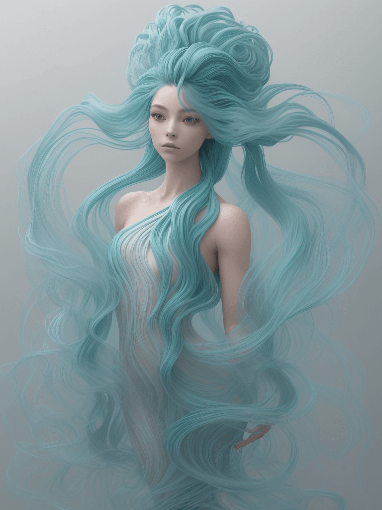 AI generated:  an image of a person with a flowing, sculptural hairstyle and garment that echo the movement of wat...