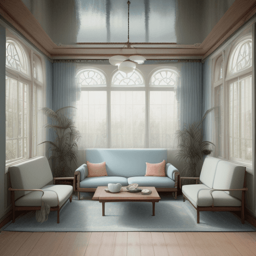 AI generated: High resolution photography interior design, dreamy sunken living room conversation pit, wooden floo...