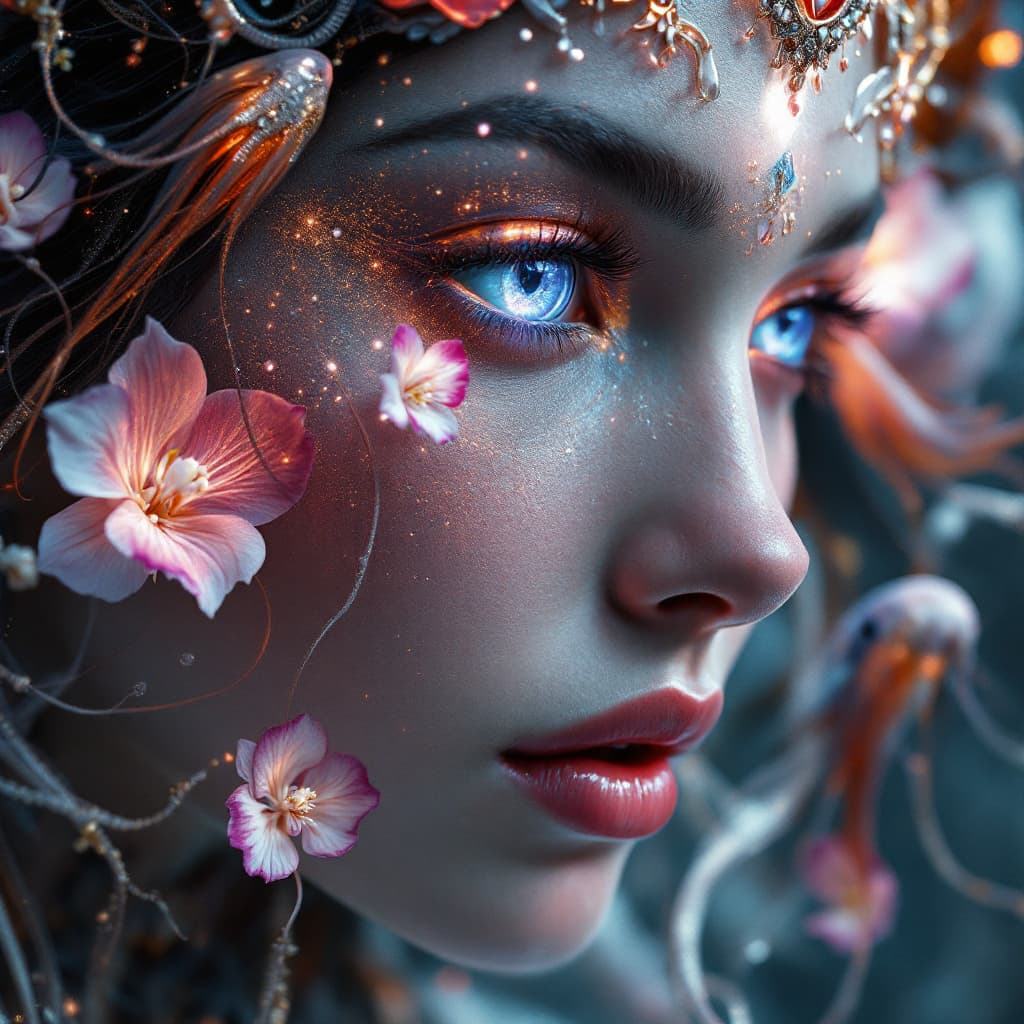 AI generated: Goddess close-up portrait ribcagel. jellyfish phoenix head, nautilus, orchid, skull, betta fish, bio...