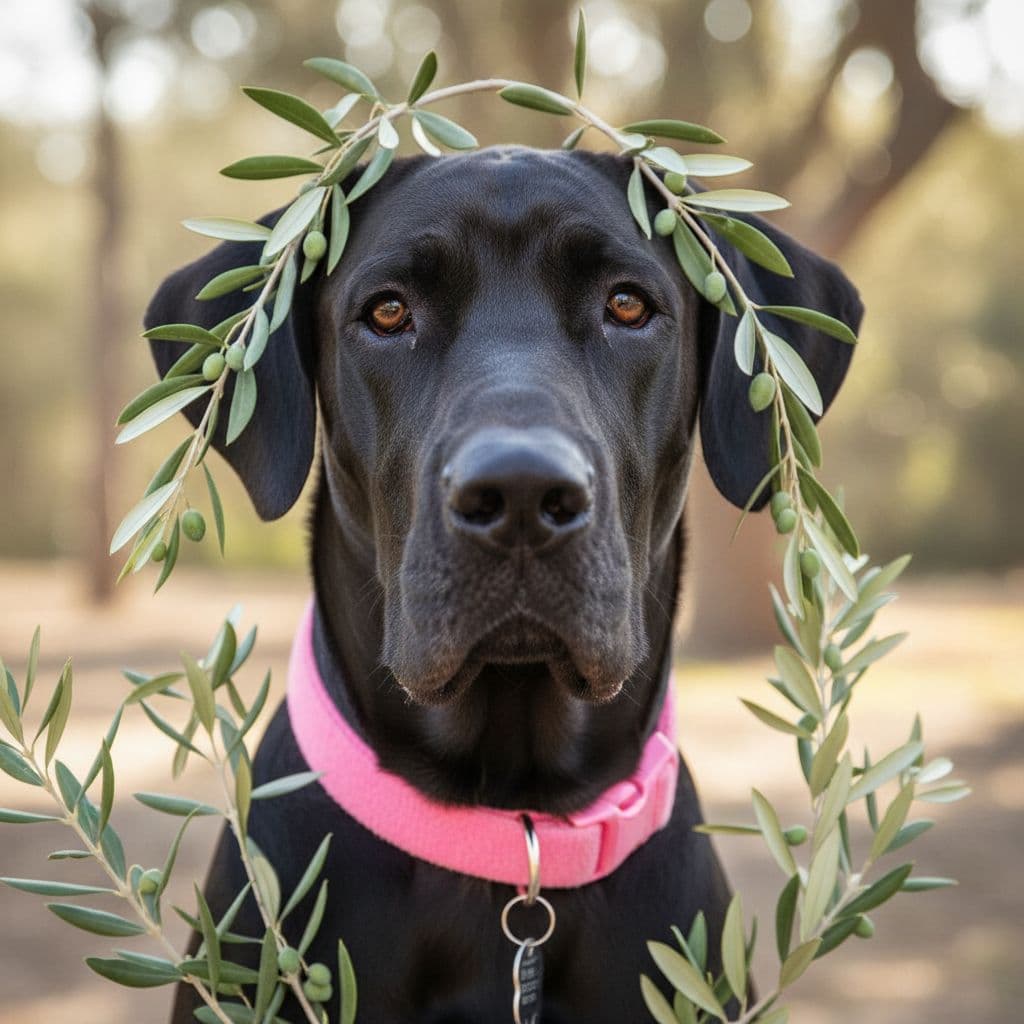 AI generated: young black Great Dane dog,
pink collar,
face only,
olive branches