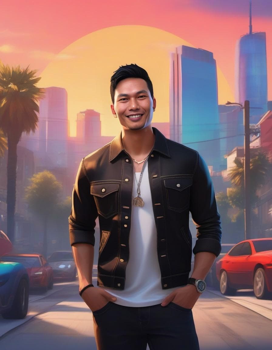 AI generated: looking at camera, portrait in style of gta 5 loading screen, sunrise, city street background, cool ...