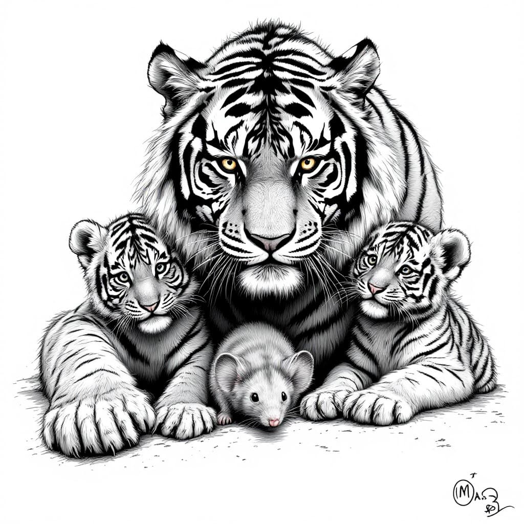 AI generated: a tiger and two tiger cubs, and a oversized mouse,ferocious, detailed,full-body shots,ink style,blac...