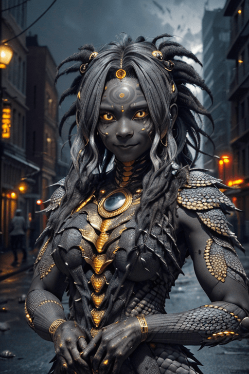 AI generated: a humanoid female monster with human traits. smiling, golden glowing eyes, (((unkempt dirty hair))),...