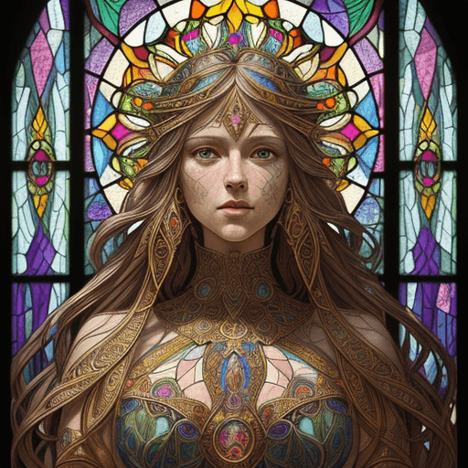 AI generated: stained glass art of goddess, mosaic-stained glass art, stained-glass illustration, close up, portra...
