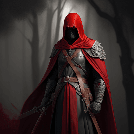 AI generated:  man cleric from the Middle Ages, with face covered by shade of dark-red hood, ceremonial clothes, c...