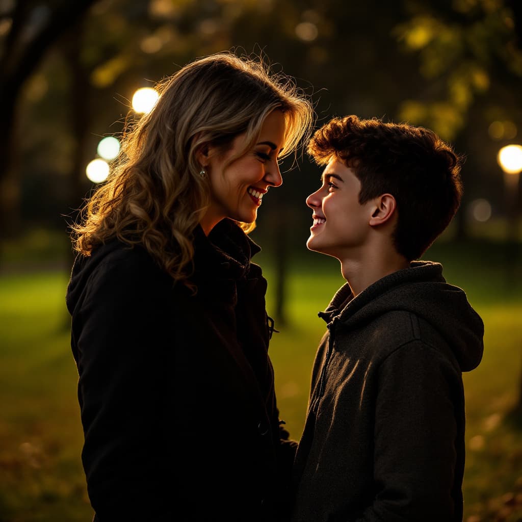 AI generated: mature woman and very young boy, looking in each other's eyes, happy, in a park, in deep night,