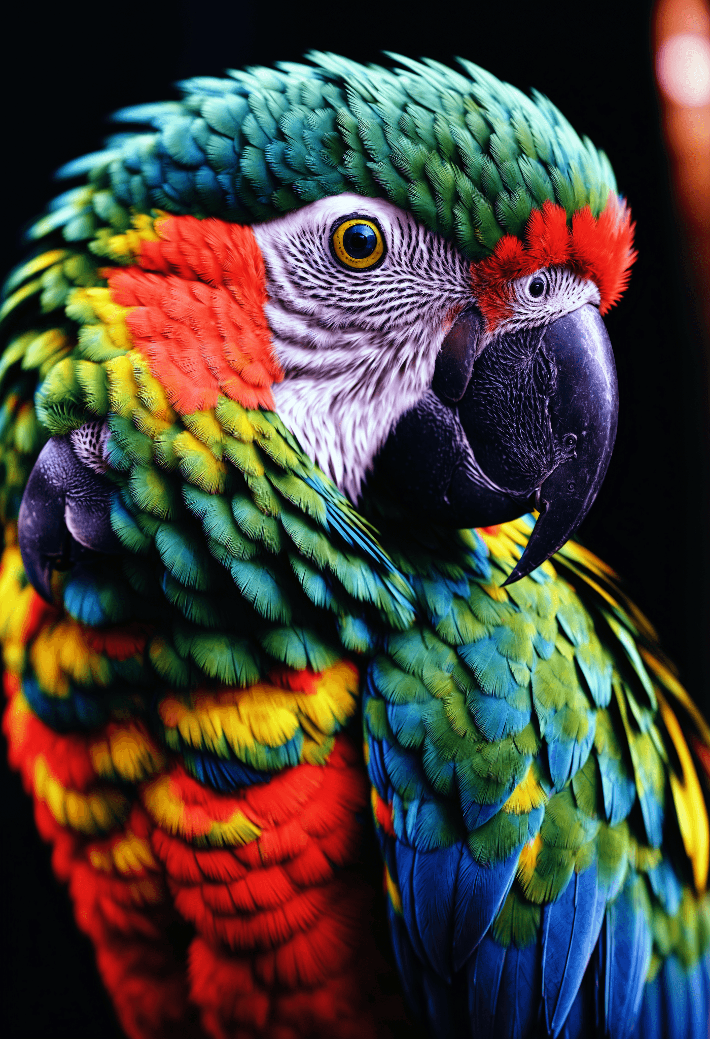 AI generated: macro shot, cinematic photo of parrot, colorful, dark shot, film grain, extremely detailed