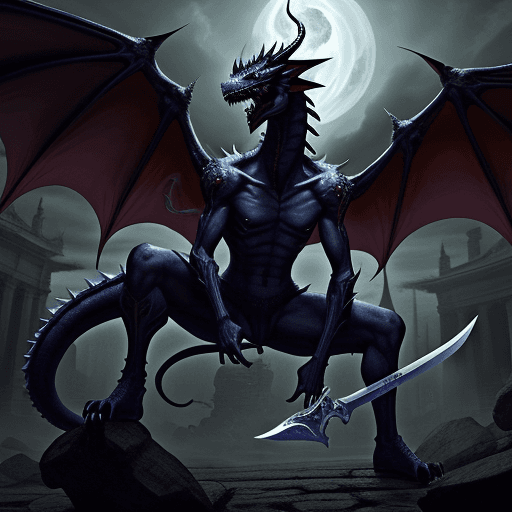 AI generated: demon boy
HD , postura con espada a ataque, si conbinar la espada al usuario,
 con un dragon al fond...