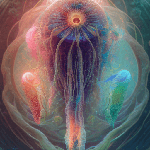 AI generated: Goddess close-up portrait ribcagel. jellyfish phoenix head, nautilus, orchid, skull, betta fish, bio...