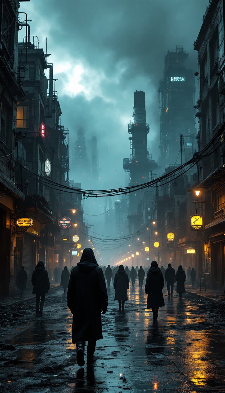 AI generated: Hyperrealistic, hellish, dystopian, decaying buildings, futuristic street scene, 
with a futuristic ...