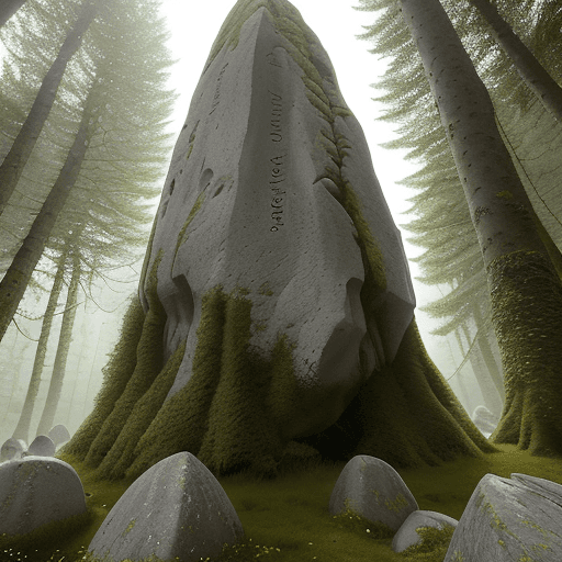AI generated: Une clairière au cachée au fon d'une forêt avec des menhirs autour de cette clairière. Au centre de ...