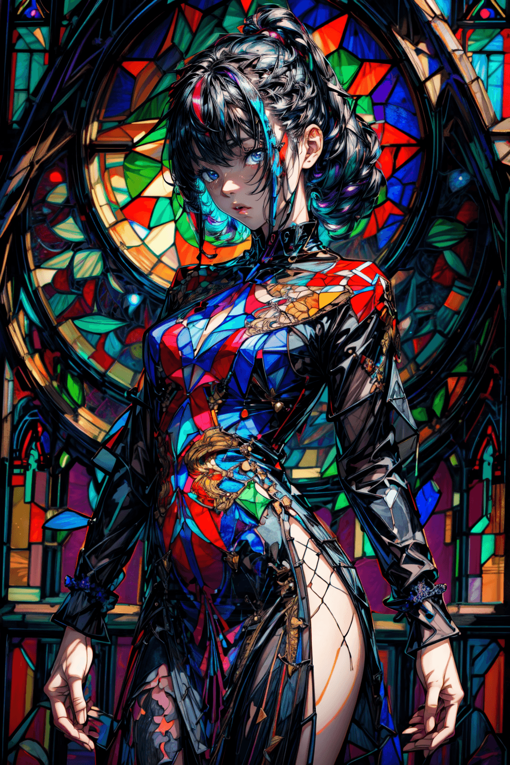 AI generated: (stained glass dress:1.5), blacklight, (beautiful young Korean woman, with white hair in a braided p...