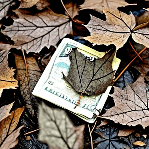 AI generated: Dry dusty leaves in the pockets of an open abandoned wallet. Style: goth