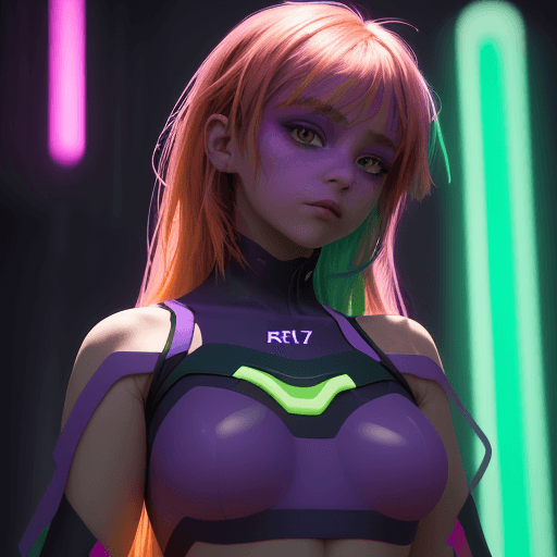 AI generated: a beautiful lightup purple girl is posing in front of her neon clothing, in the style of dark orange...