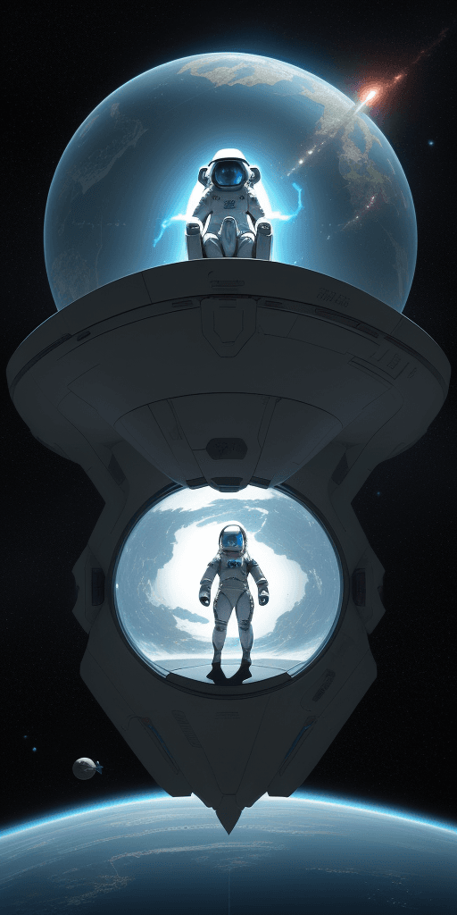 AI generated: illustration, sci-fi concept, small futuristic astronaut sitting at the threshold of a gigantic spac...