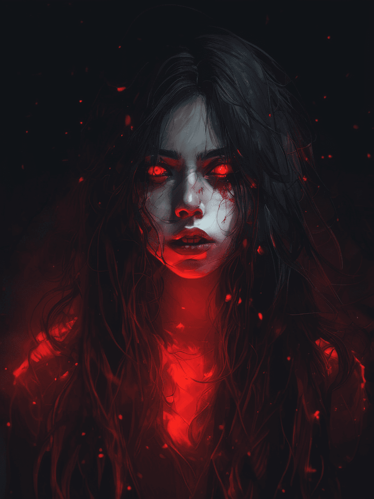 AI generated: in darkness, dark, demonic girl's face, glowing red eyes, long mess hair, disfigured, brutal composi...