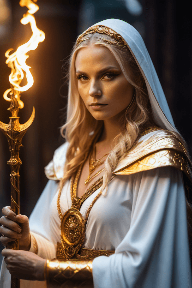 AI generated: Award-winning, photograph of, a fantasy sorceress, golden hair, white robes with gold trim, holding ...