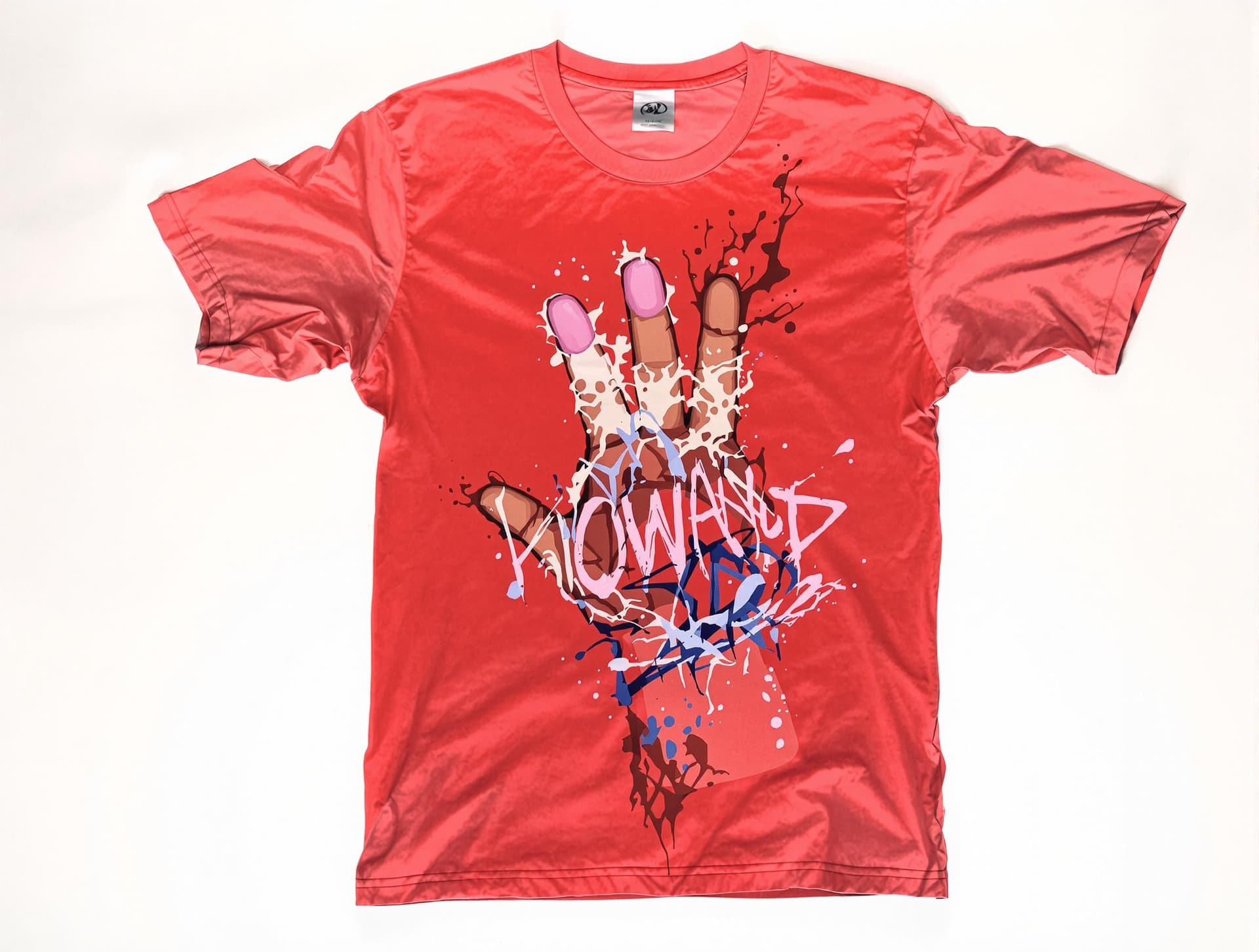 AI generated: A red t-shirt on a stark white backdrop, printed on the shirt is a hand with the first two fingers a...