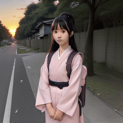 AI generated: Suburban street, sunset and a half-figure, frontal, pink long straighthair, japanese girl dress a gr...
