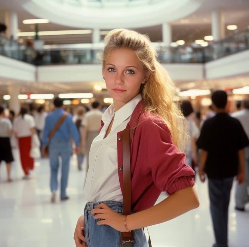 AI generated: Beautiful blonde girl in 1985 wearing side ponytail standing in the mall — s 1000 — weird 1000