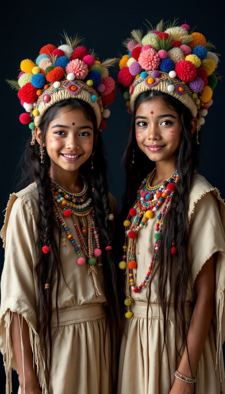 AI generated: Two young girls, likely Indigenous South American,  circa 12-14 years old,  are dressed in elaborate...