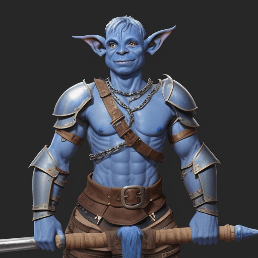 AI generated: a blue skinned 25 year old heroic half goblin in chain armor, and a leather tunic with a large hamme...