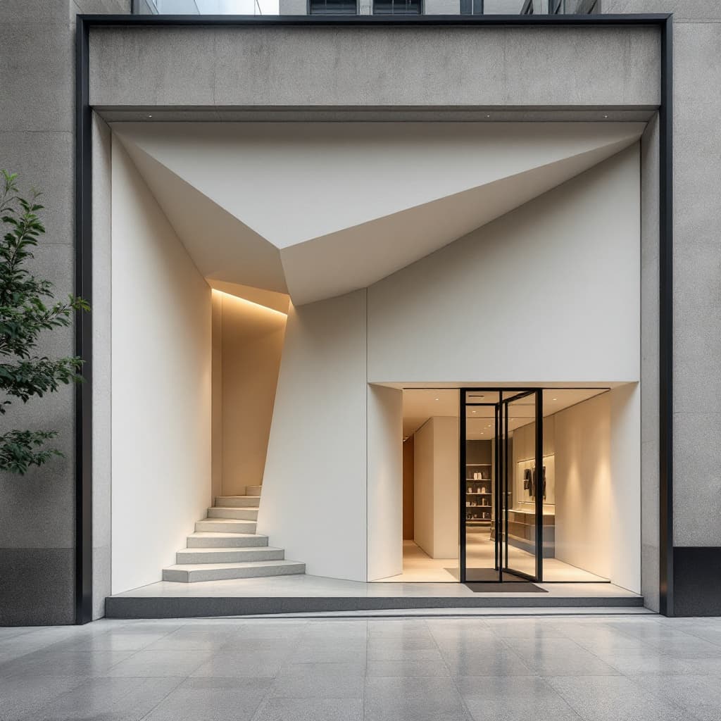 AI generated: Modern retail facade, geometric design, Leica SL2, 16-35mm wide-angle lens capturing the contrast of...