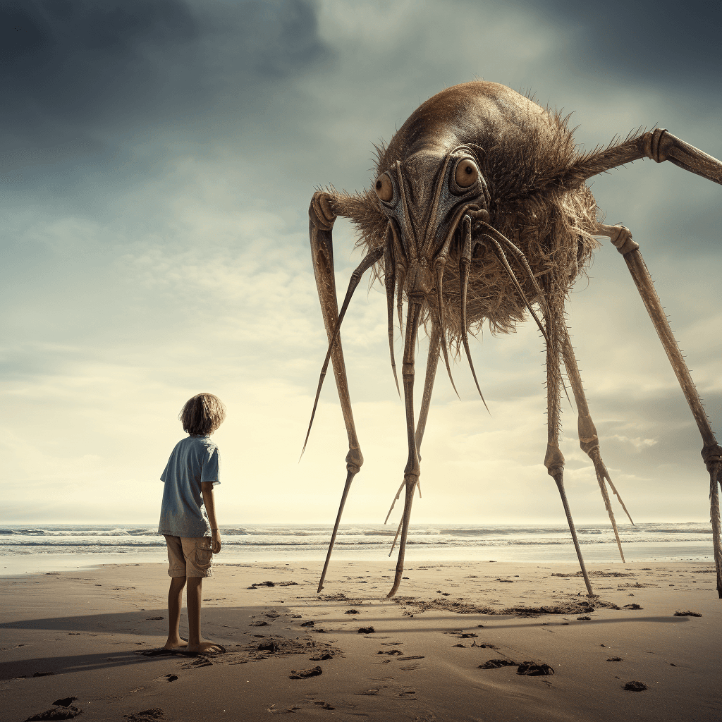 AI generated: giant mosquito next to a scared little chicken on the beach, photo, digital art, fantasy --v 5.2