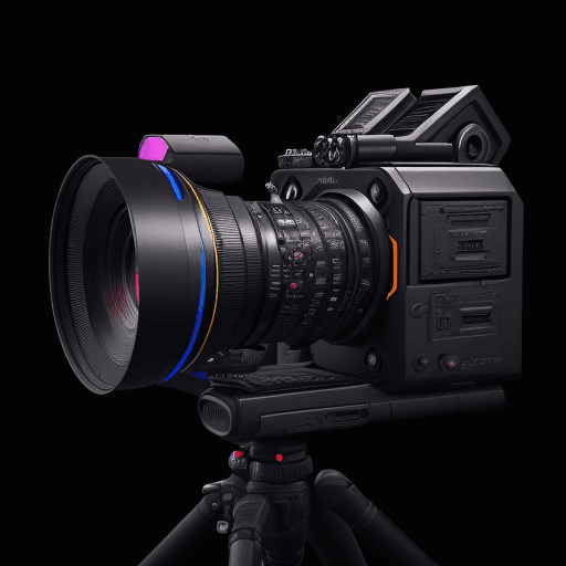 AI generated: A photo of a video camera, black background, vibrant colors, hyper-realistic, high detail, octane re...