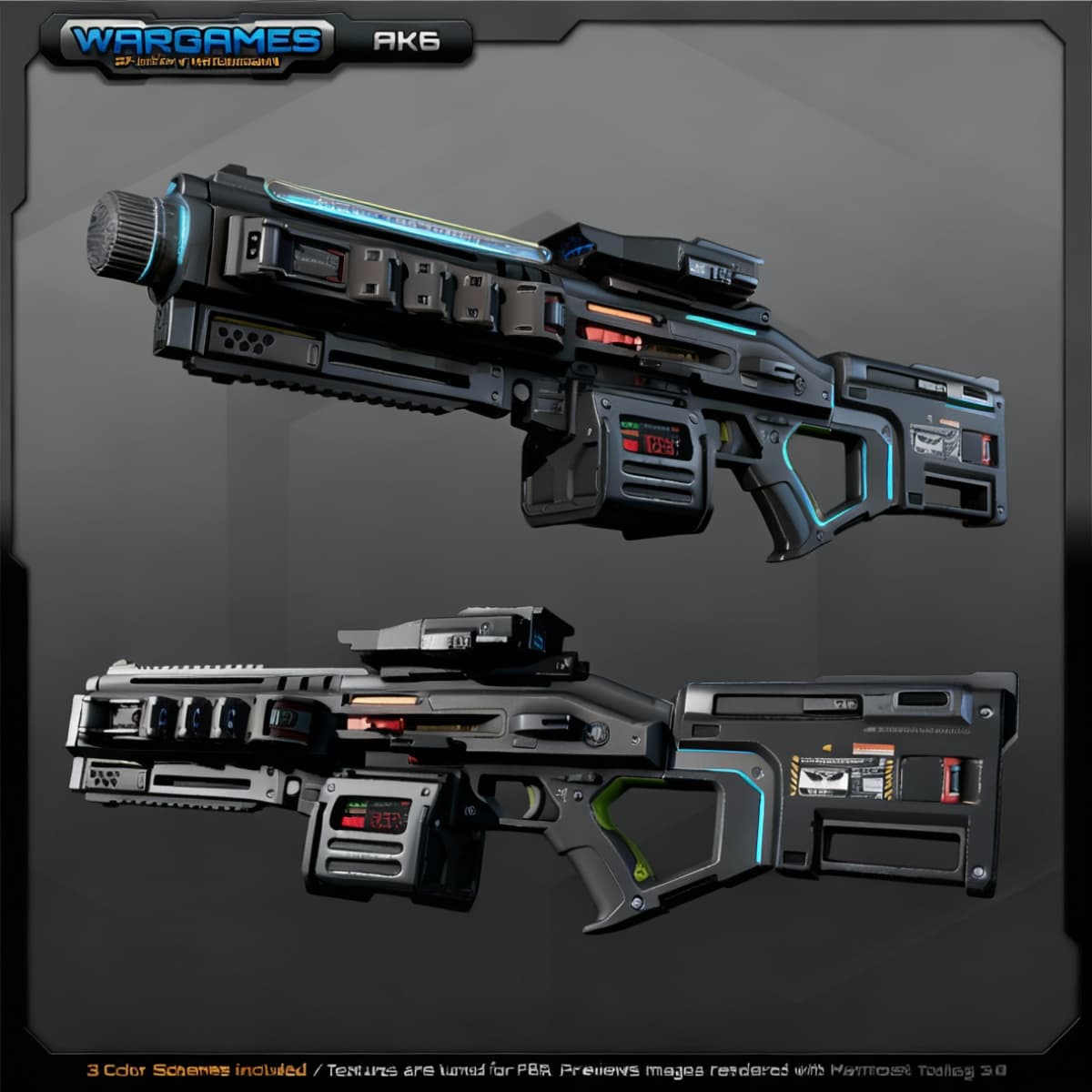 AI generated: Create a fictional weapon for Our’World. Render Axiom Lancer rifle: long, broad chassis with floatin...